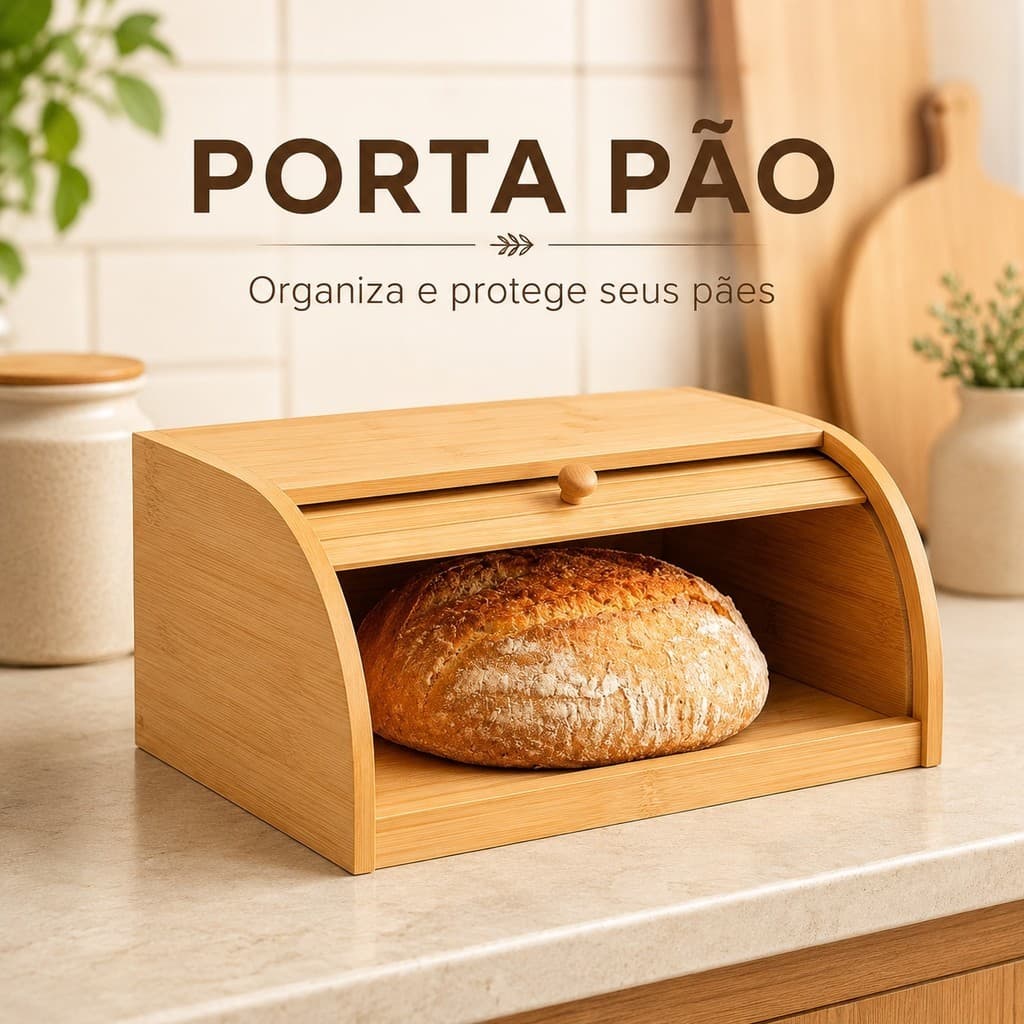 Porta Pão Bambu Com Tampa Retrátil Perfeita Para Armazenar Pães Bolachas Resistente