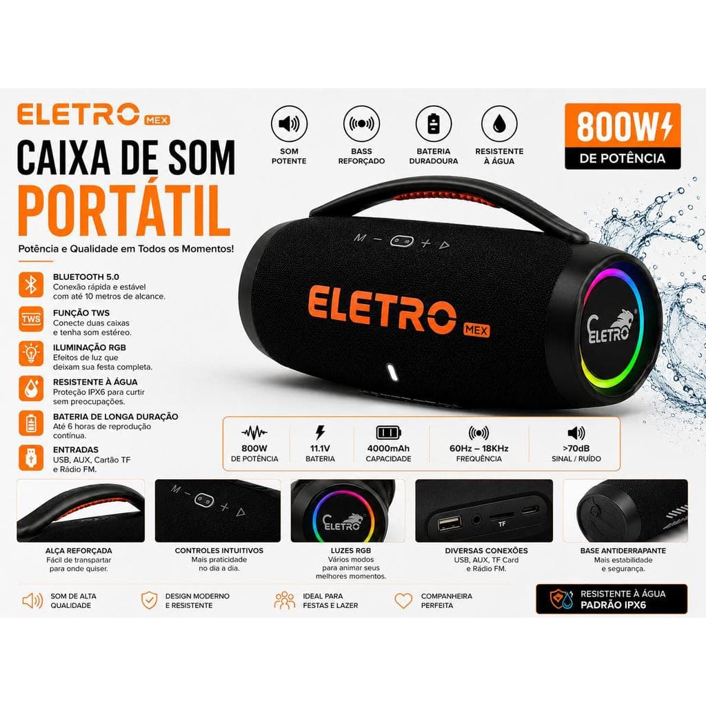 Caixa de Som Bluetooth Portátil EletroMex EL-1127 RGB IPX6 800W Bateria 4000mAh