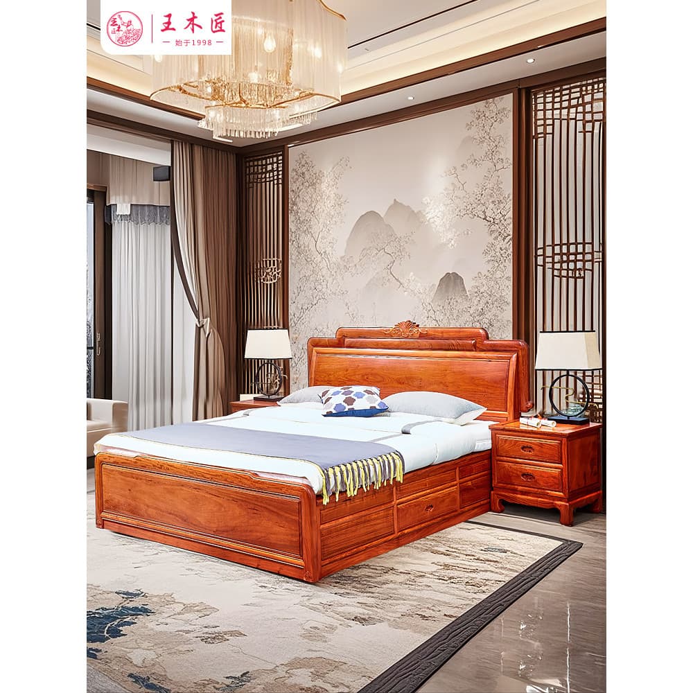 Wang carpinteiro mianmar jacarandá mogno cama dupla grande com armazenamento estilo chinês 1.8m grande fruta vermelho sâ