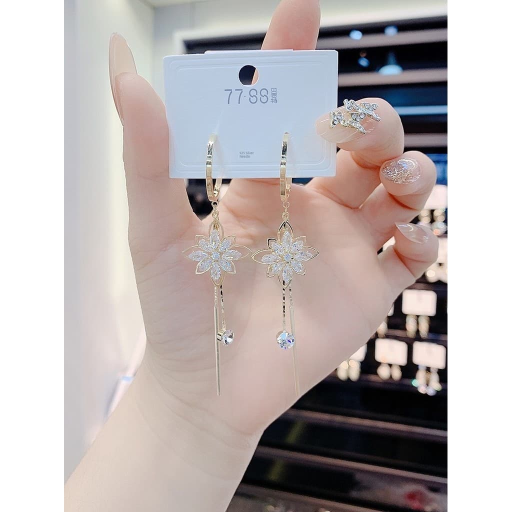 brinco de pressao feminino brinco feminino Flor de cristal borla temperamento feminino influenciador agulha de prata de