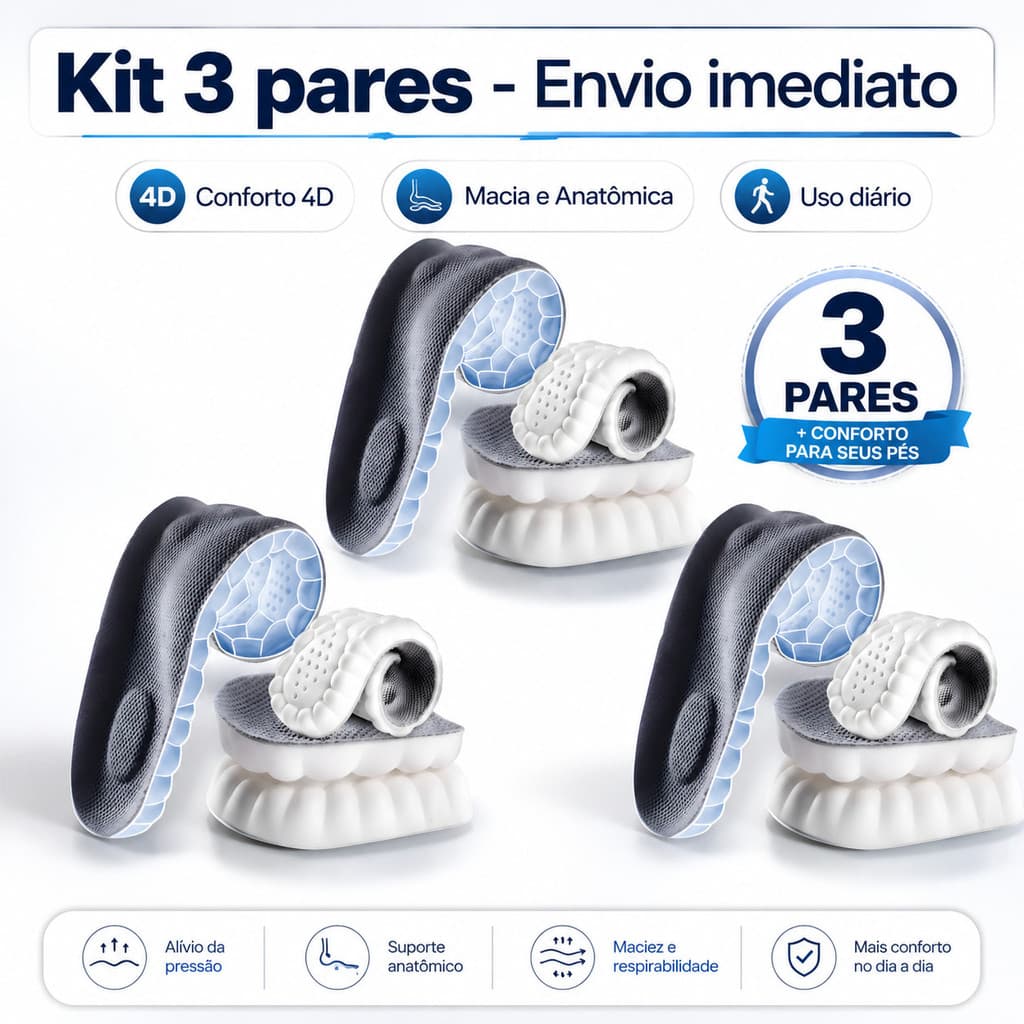 Kit 3 Palmilhas 4D Ortopédica Ultra Macia para Dores nos Pés