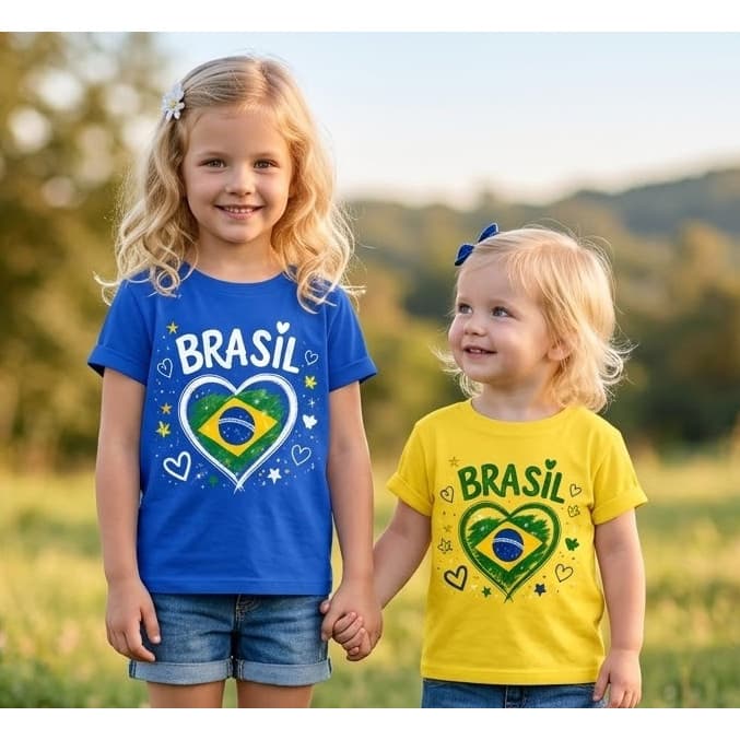 Camiseta Infantil Feminina Brasil Coração 100% Algodão Premium Adulto Crianã Menina Fofa
