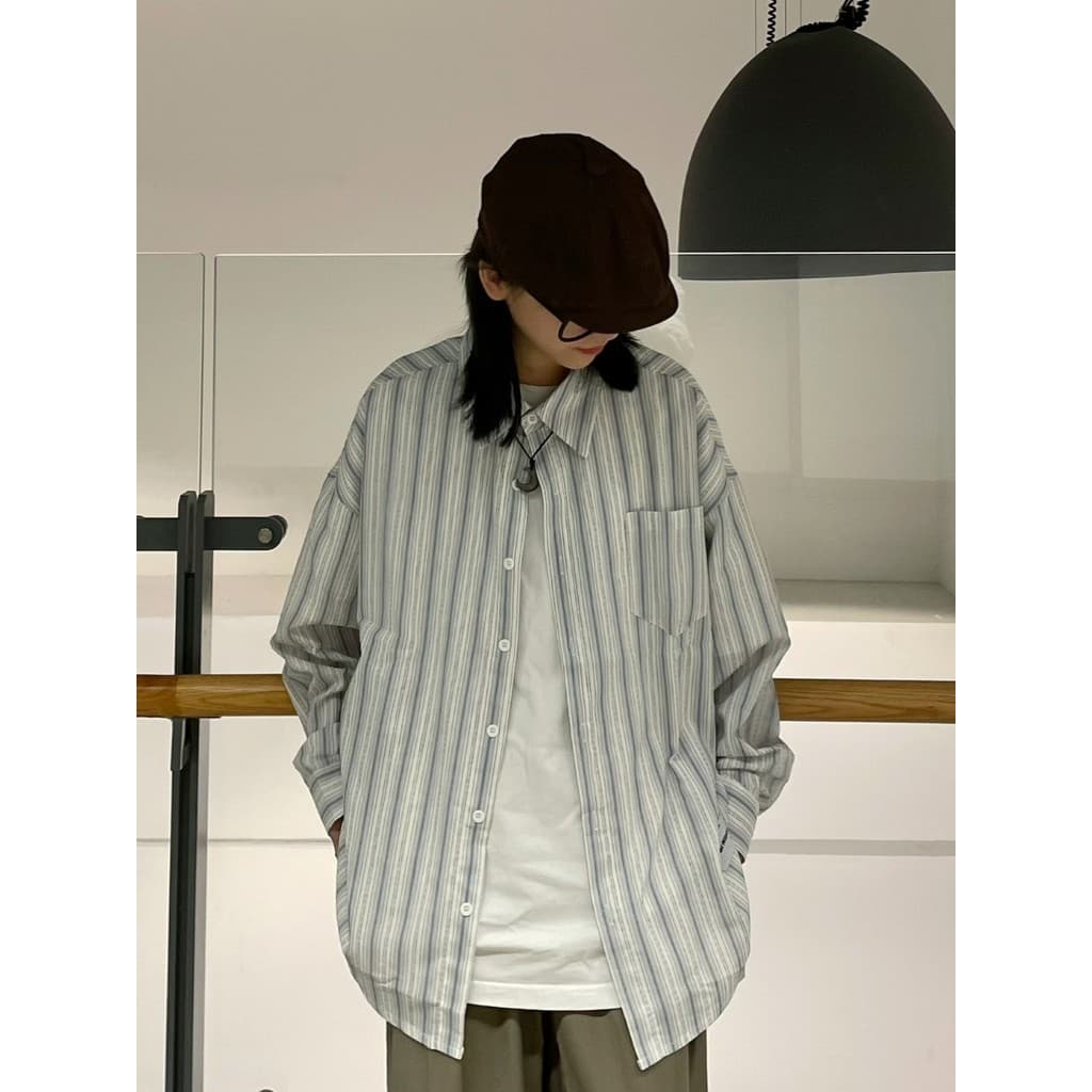 Primavera outono japonês Retro texturizado listrado camisa meninos meninas simples All-Match Unisex solto pescoço quadra