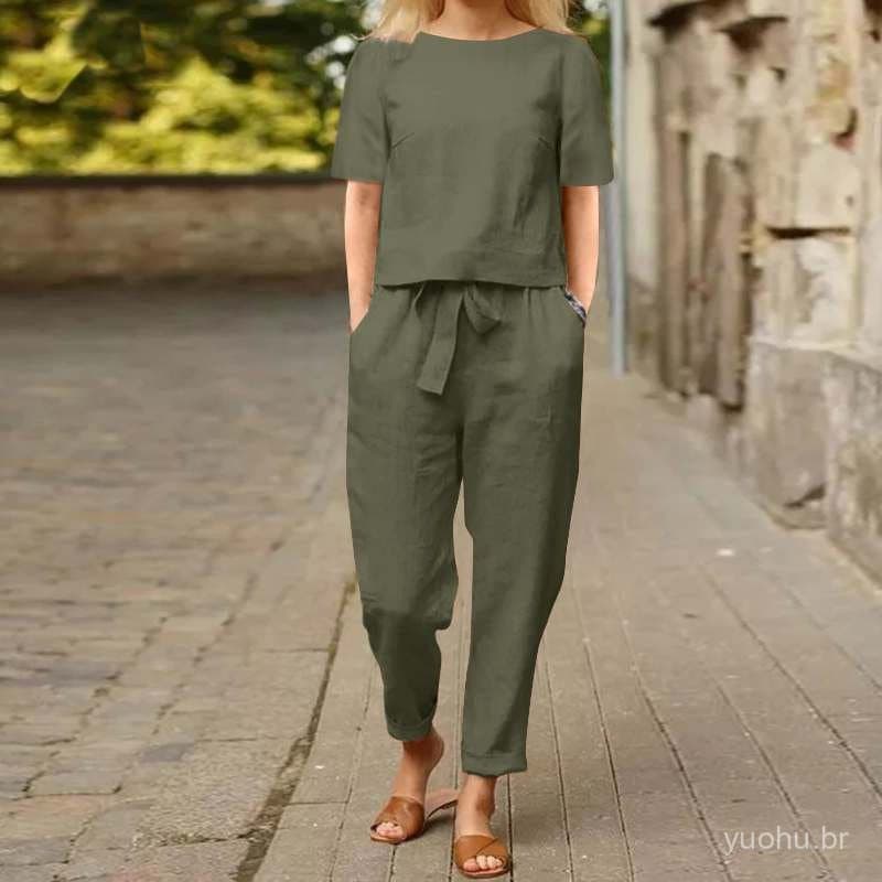 2024 moda algodão linho roupas de verão femininas em torno do pescoço Oversized calças superiores de perna larga Retro t