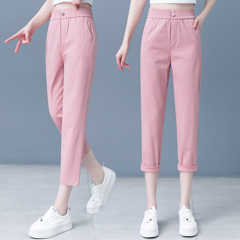 Rosa Harem calças senhoras 2026 verão novo estilo elástico cintura alta estilo fino mais magro olhar pequeno Casual torn