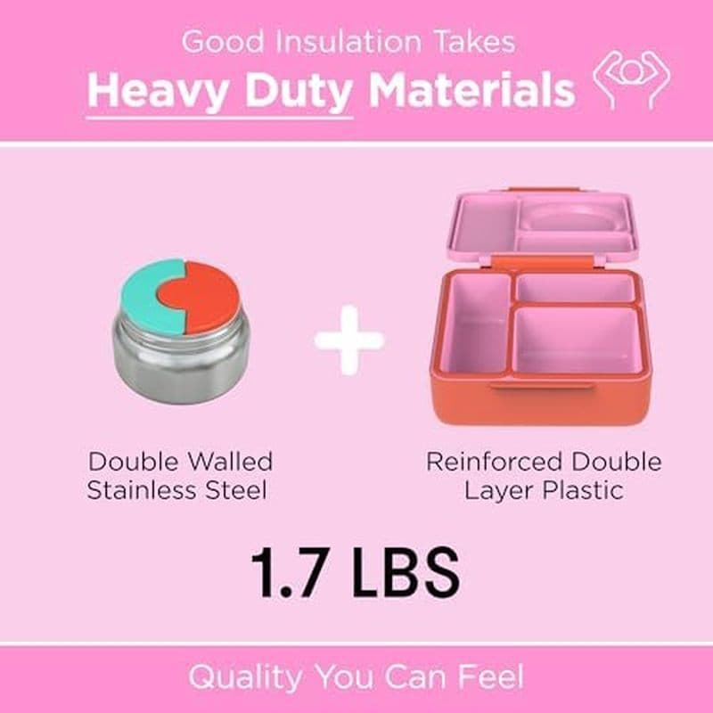 3 compartimentos, duas áreas de temperatura (frutas rosa) – Lancheira infantil OmieBox – Lancheira isolada com lata de a