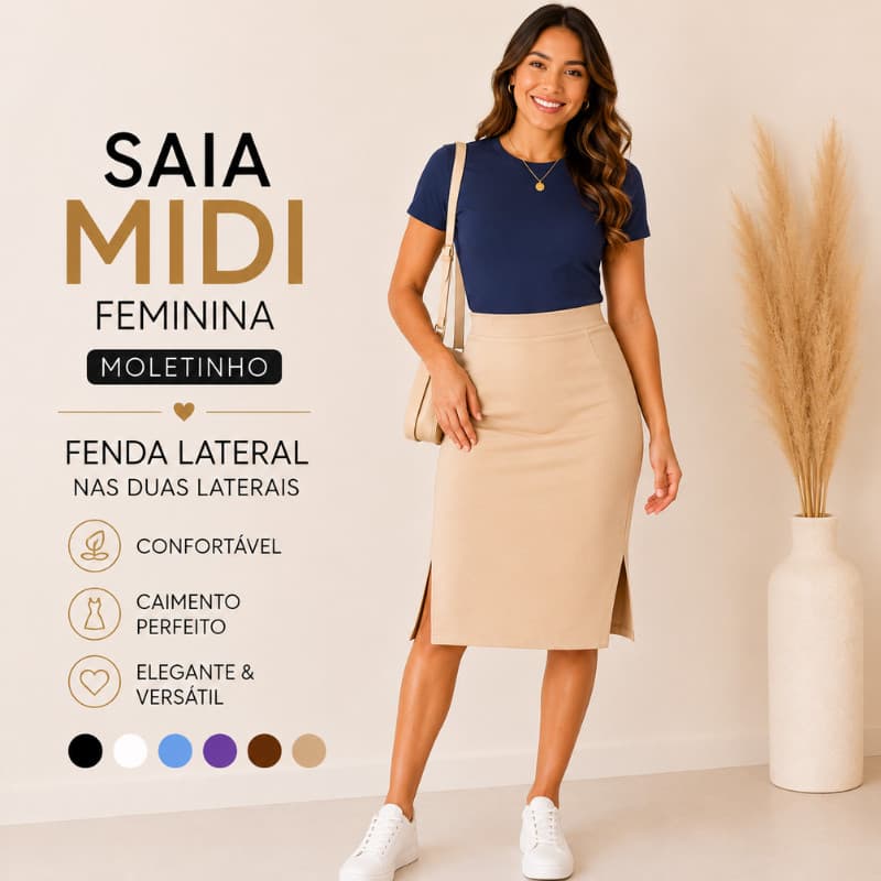 Saia Midi Feminina Moletinho Cintura Alta Com Fenda Lateral Elegante Casual |4086| Promoção