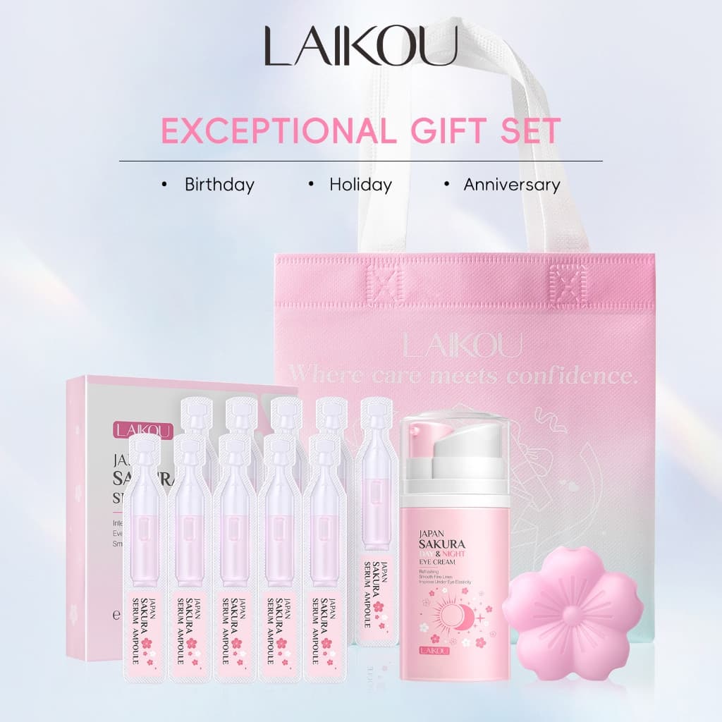 Conjunto de Presentes Excepcional LAIKOU Japan Sakura (Sabonete de Limpeza Profunda 70g + Ampola de Sérum 2ml*10 + Creme