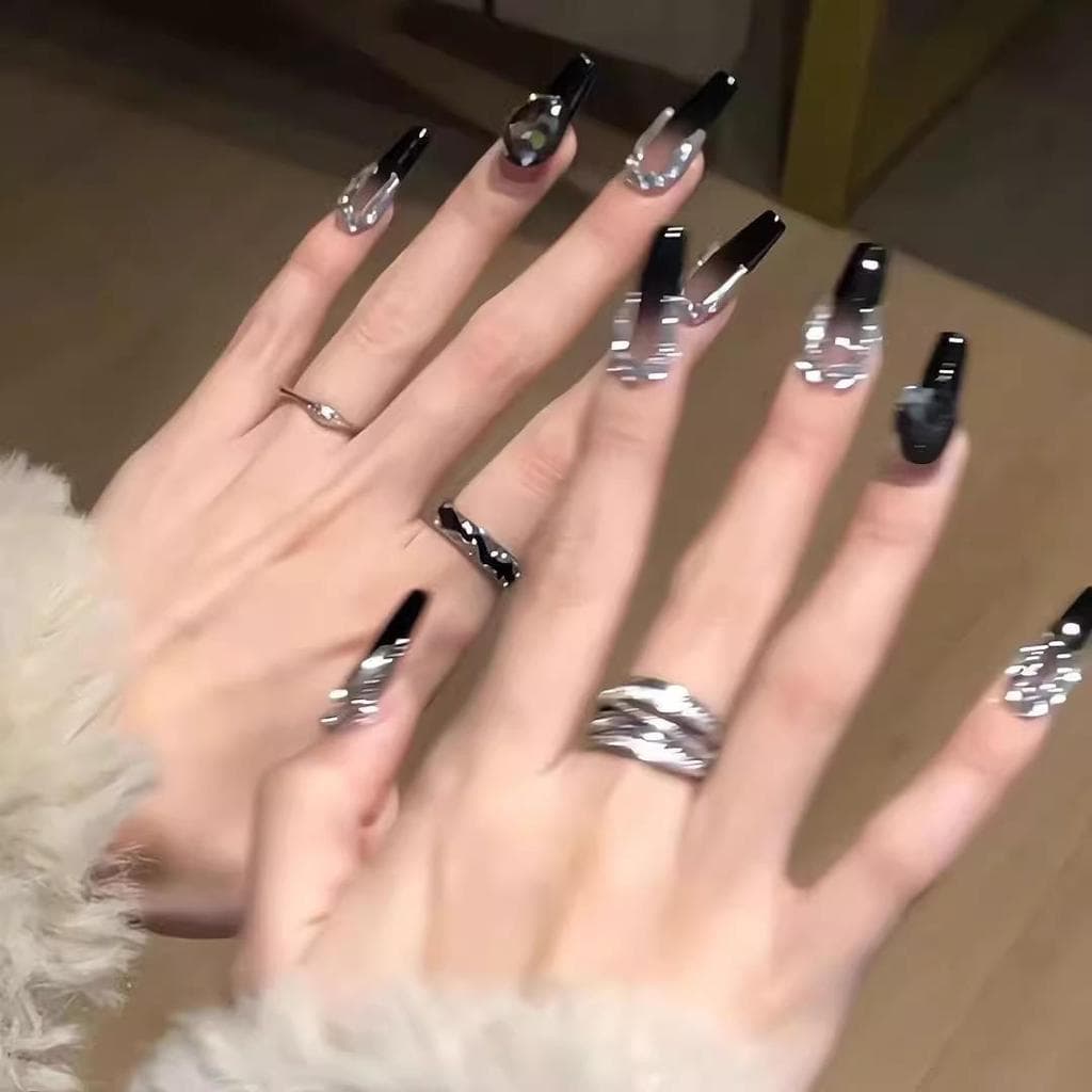 Genuíno noite crepúsculo vestindo unhas High-End preto doce legal quente meninas piscando diamantes longo falso prego re