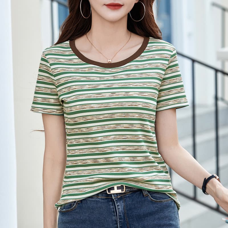 Camiseta listrada de manga curta feminina verão novo estilo contraste cor All-Match em torno do pescoço chique topo magr