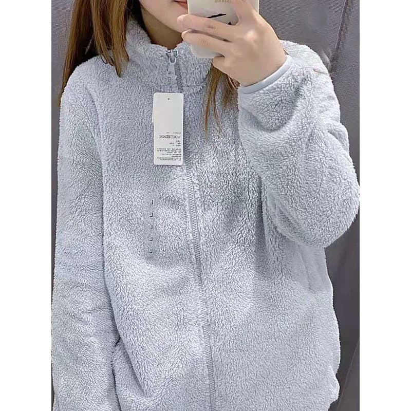 Japonês único outono inverno feminino jaqueta de manga comprida lã Polar velo zíper berinjela gola jaqueta439138Curto Pe