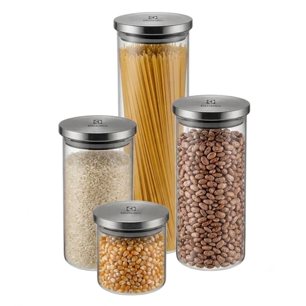 Cj 4 Potes Porta Mantimentos de Vidro com Tampa Hermética de Inox Electrolux