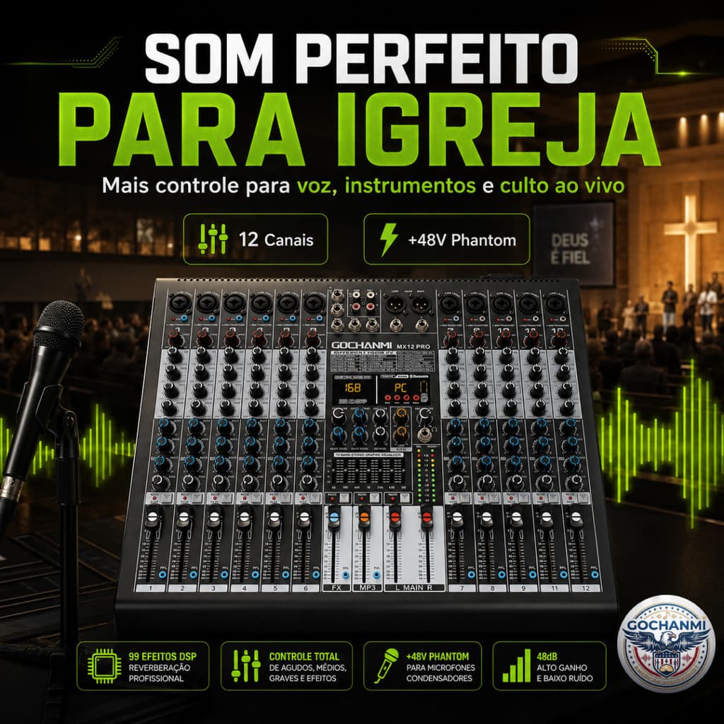 Mixer de Som 12 Canais GOCHANMI MX12 PRO com Saída Monitor Fone USB Bluetooth
