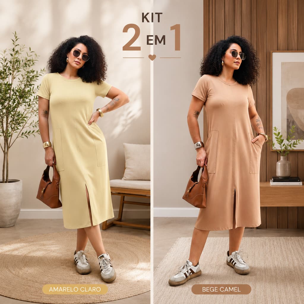 Kit 2 Vestidos Femininos Moletinho Comfy Bolsos Frontais e Abertura
