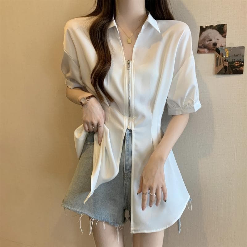 Design sentimento zíper camisa de manga curta feminina verão Plus Size gordura mm cintura estreita mais magro olhar temp