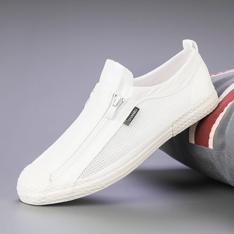 2026 verão cor sólida sapatos de malha deslizamento-em sapatos casuais com zíper tênis versão coreana novo estilo sapato