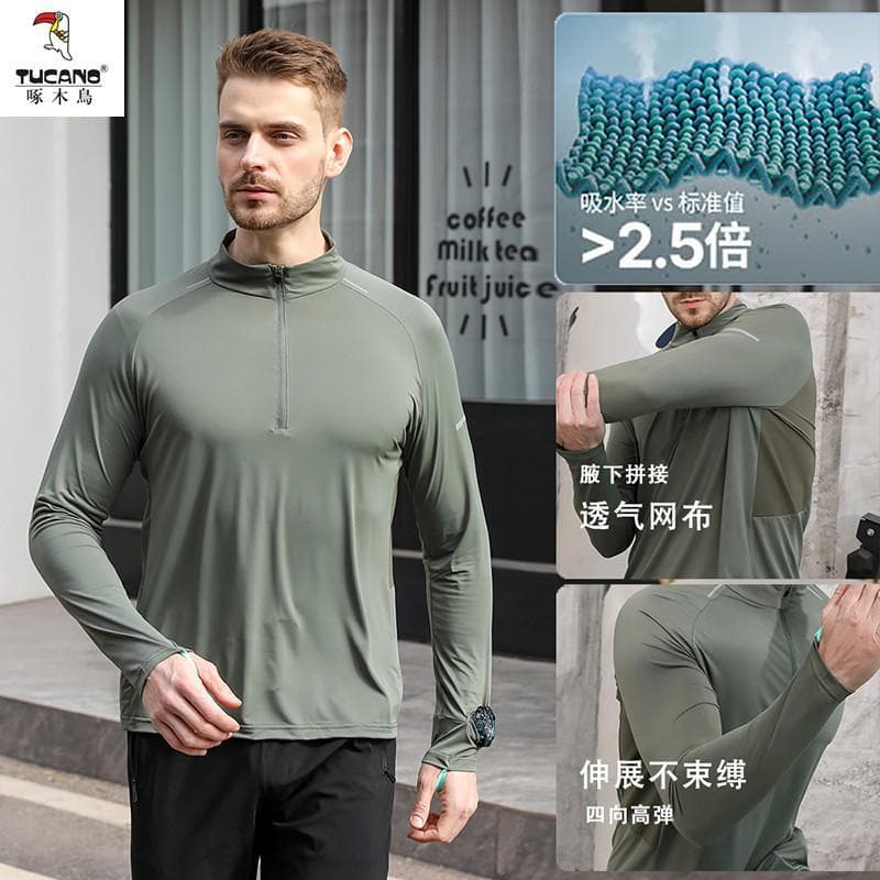 Woodpecker esportes masculinos de secagem rápida manga comprida camiseta correndo topo elástico respirável absorvente de
