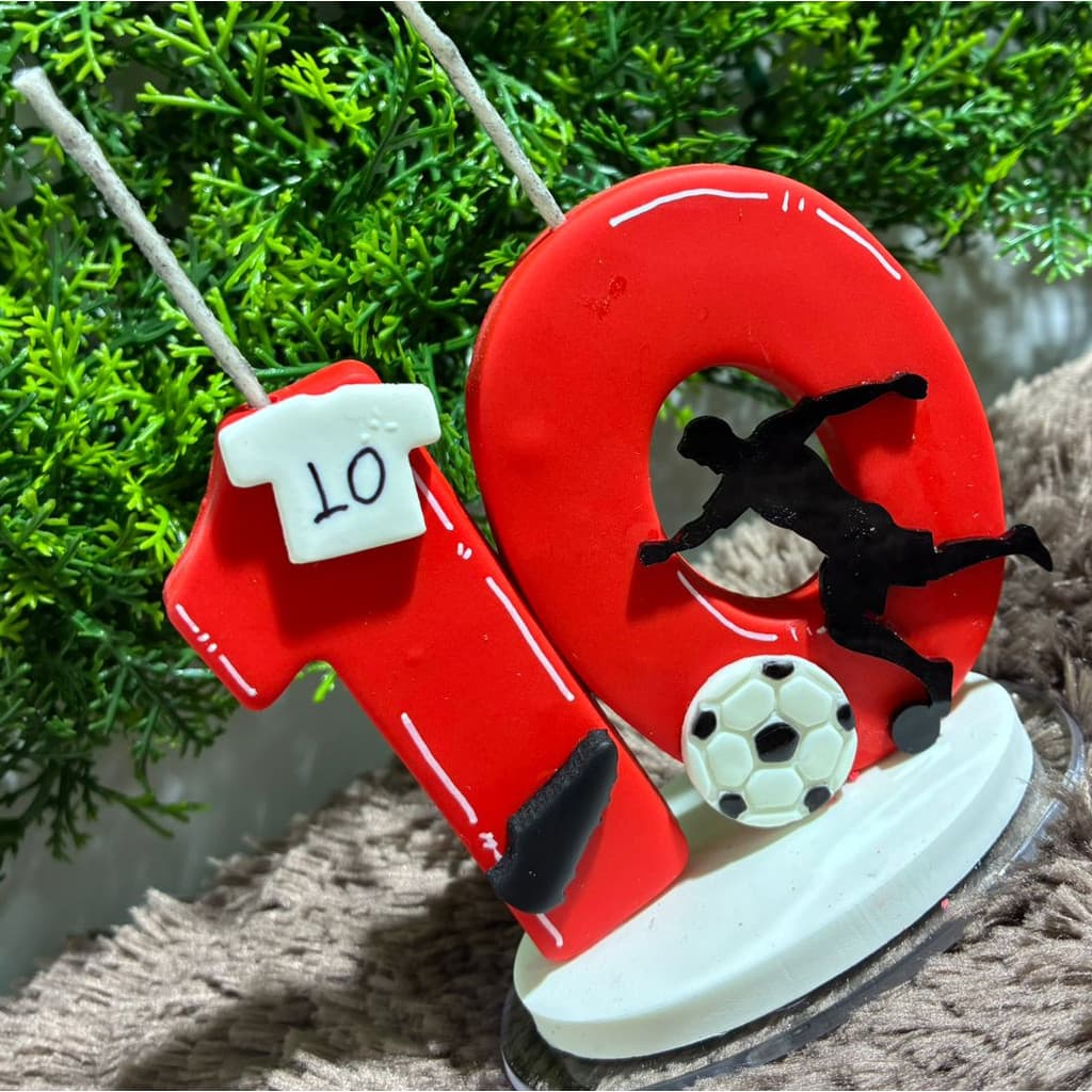 Vela de Futebol 10 Anos Vermelho em Biscuit para Decoração