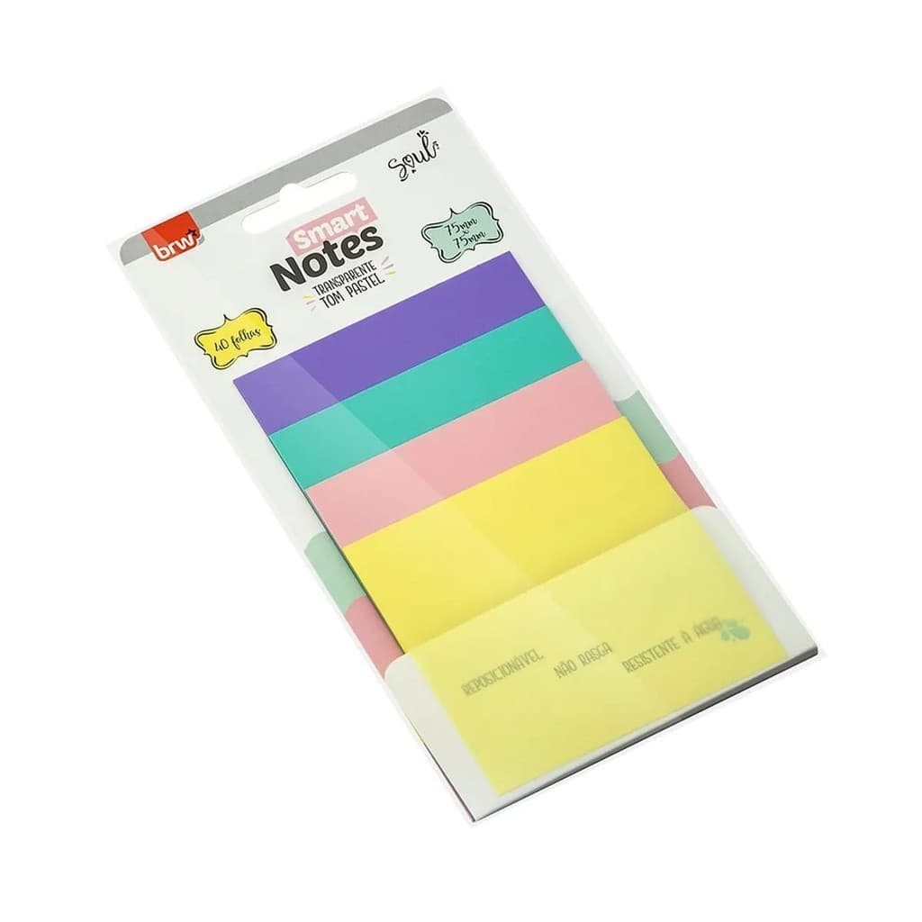 Bloco Adesivo Transp Pastel Smart Notes 4 Cores 75x75mm 40 folhas Reposicionável e Resistente à Água