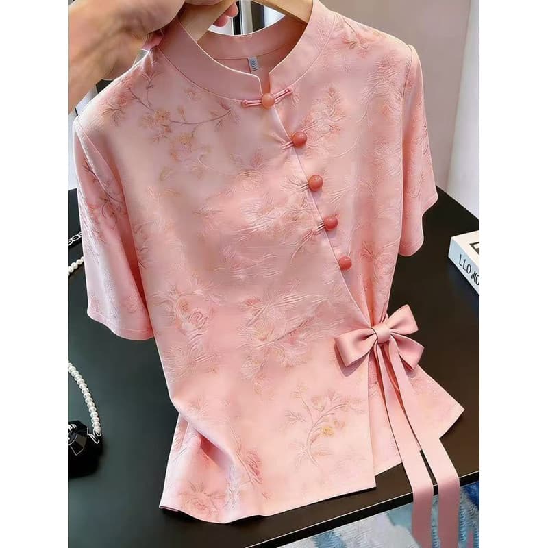 Senhoras de verão novo estilo chinês rosa abotoado manga curta topo feminino gola alta rendas cintura estreita mais magr