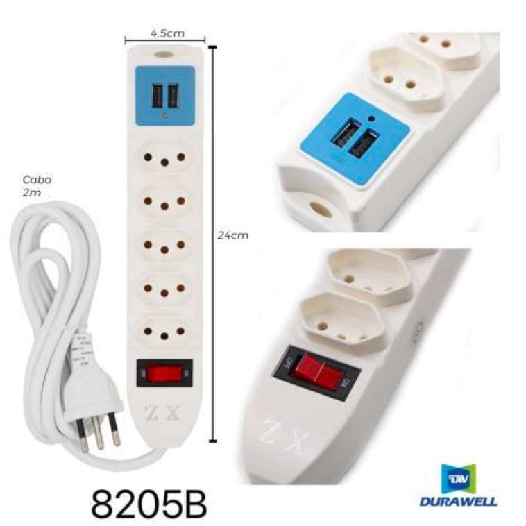 Filtro de Linha Extensão Elétrica 5 Tomadas Régua Bivolt Com 2 Usb Cabo 2M