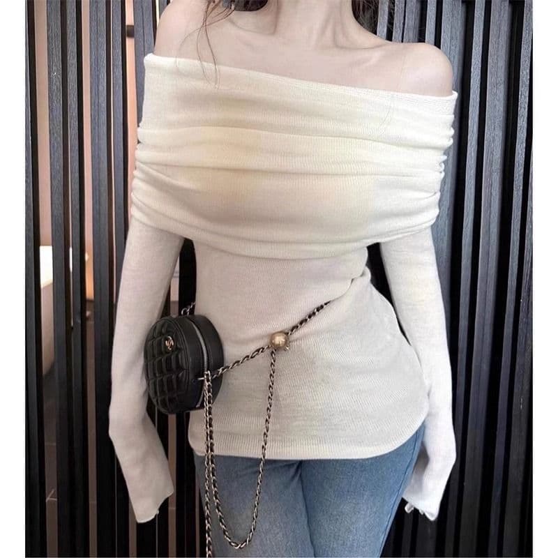 Chique fora do ombro camisola feminina outono inverno nicho fino ajuste de manga comprida mais magro olhar quente menina
