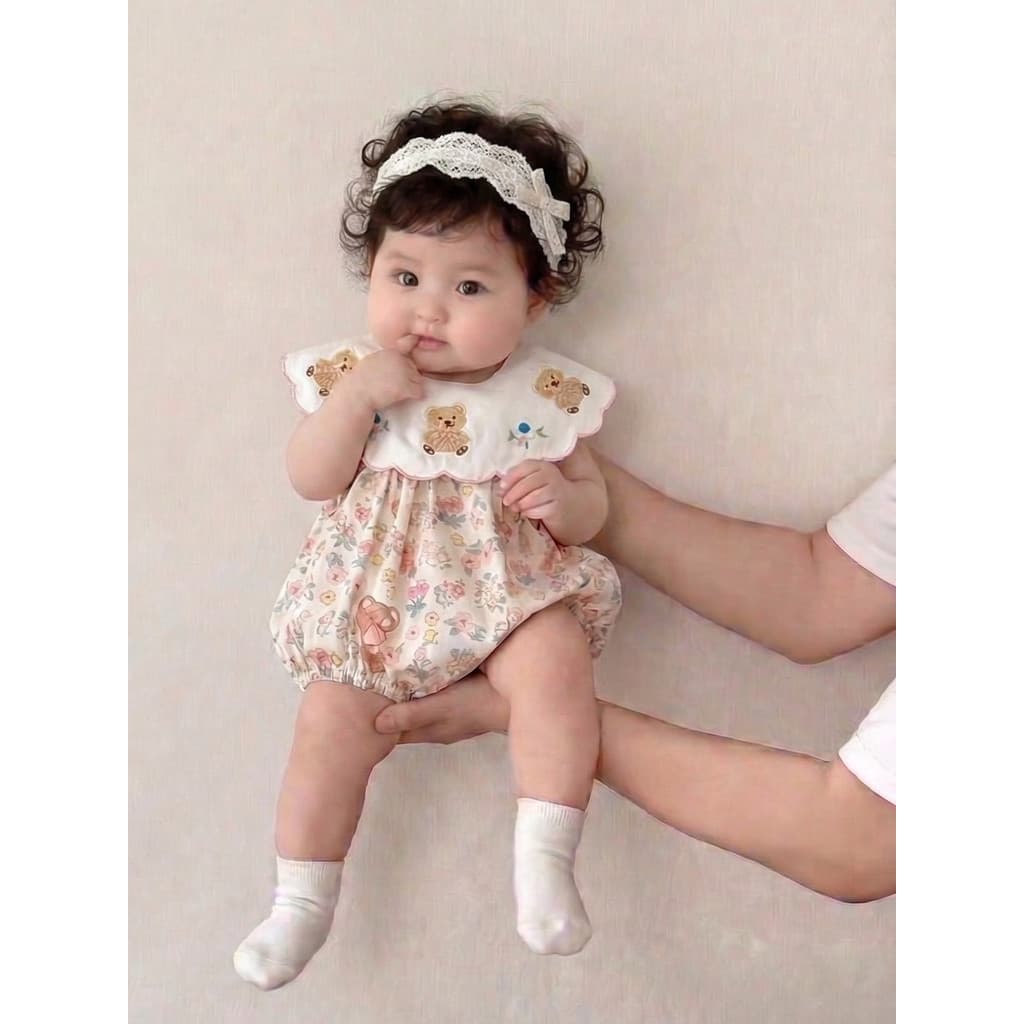 Ins bebê menina urso bordado lapela macacão verão novo produto doce vestido de irmã de manga curta