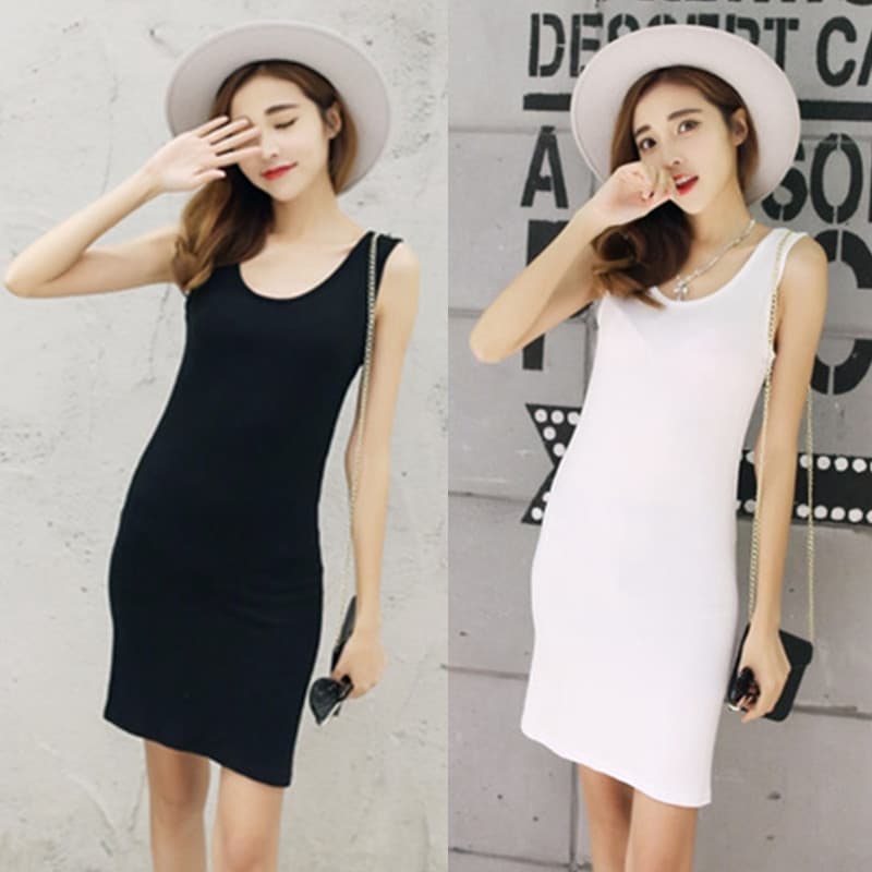 Primavera verão Modal camisola saia U-pescoço meados de comprimento camisa de fundo feminina simples Hip-embalado saia i