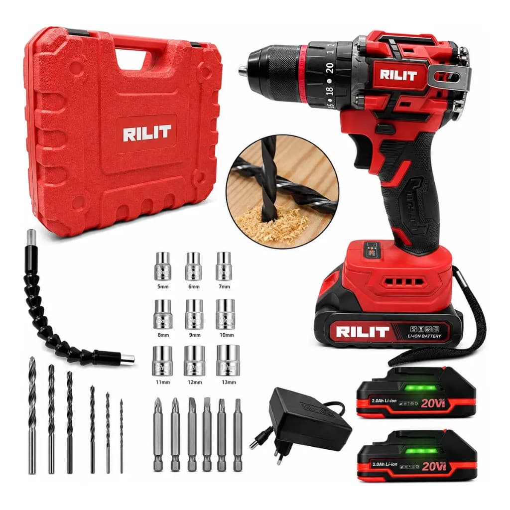 Parafusadeira Furadeira 21v Com Impacto Brushless RIlit + Maleta Com Acessórios