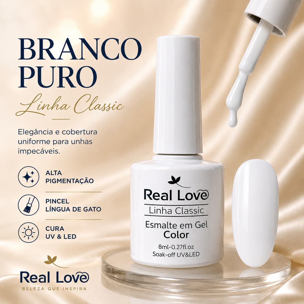 Esmalte em Gel Branco Real Love Linha Classic 8ml | Pincel Língua de Gato | Alta Cobertura UV LED