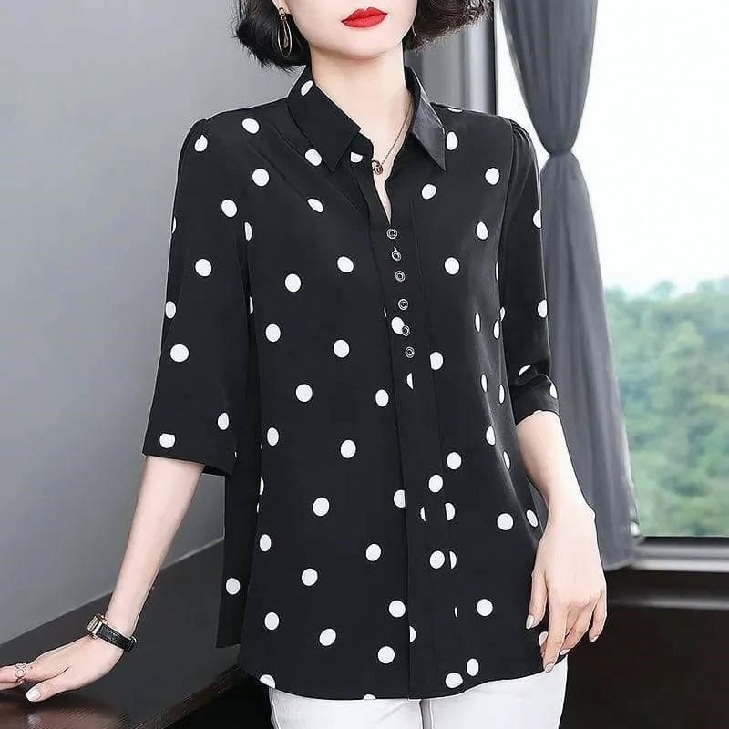 Camisa de bolinhas feminina novo estilo verão moda manga curta camisa da mãe de meia-idade topo de manga média