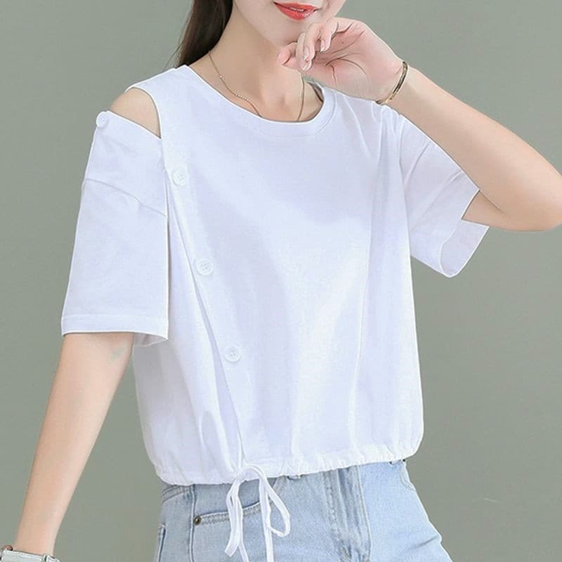 Camiseta curta solta Design de roupas femininas moda mais magro olhar 2026 verão novo estilo cintura alta manga curta fo