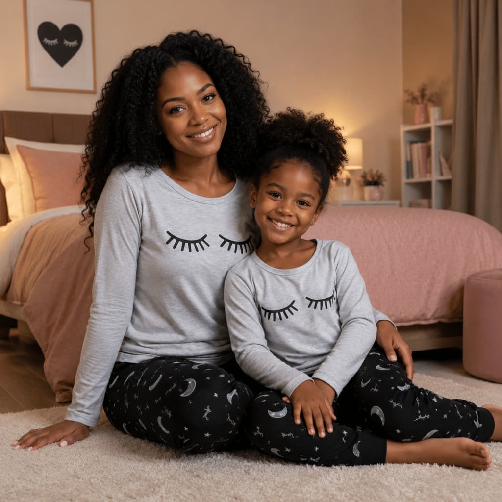 Kit 2 Pijama Tal Mãe Tal Filha Inverno Manga Longa Família Infantil e Adulto Cílios Luas