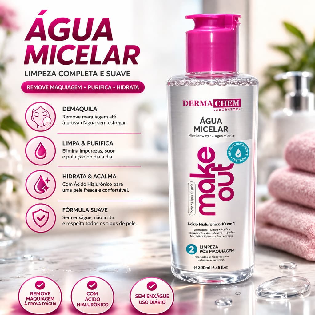 Água Micelar Dermachem 10 em 1 250ml Ácido Hialurônico Remove Maquiagem Limpa Hidrata Pele