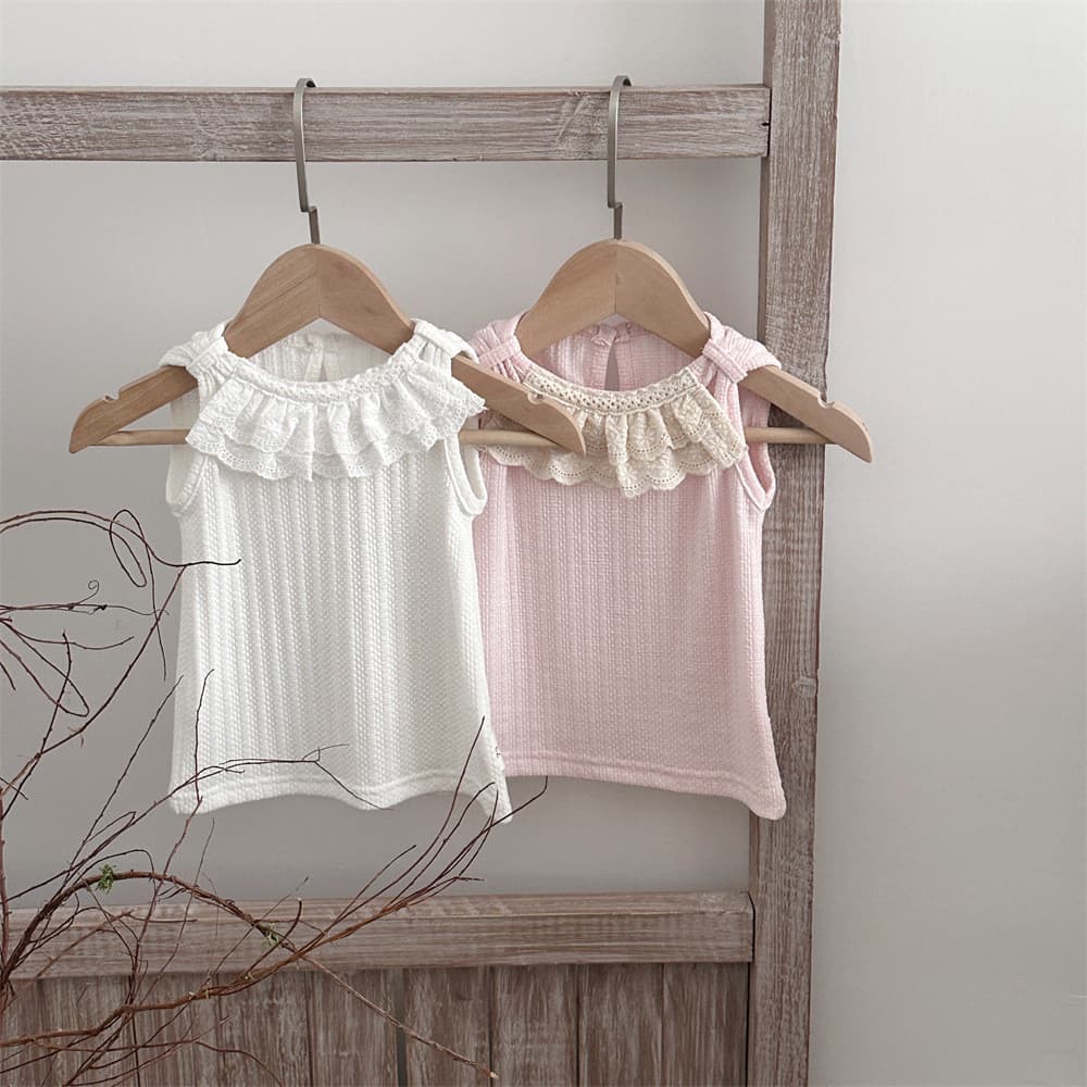 Feminino bebê verão gola de renda sem mangas colete fino bebê fino-ajuste cor sólida estilingue camiseta infantil camisa