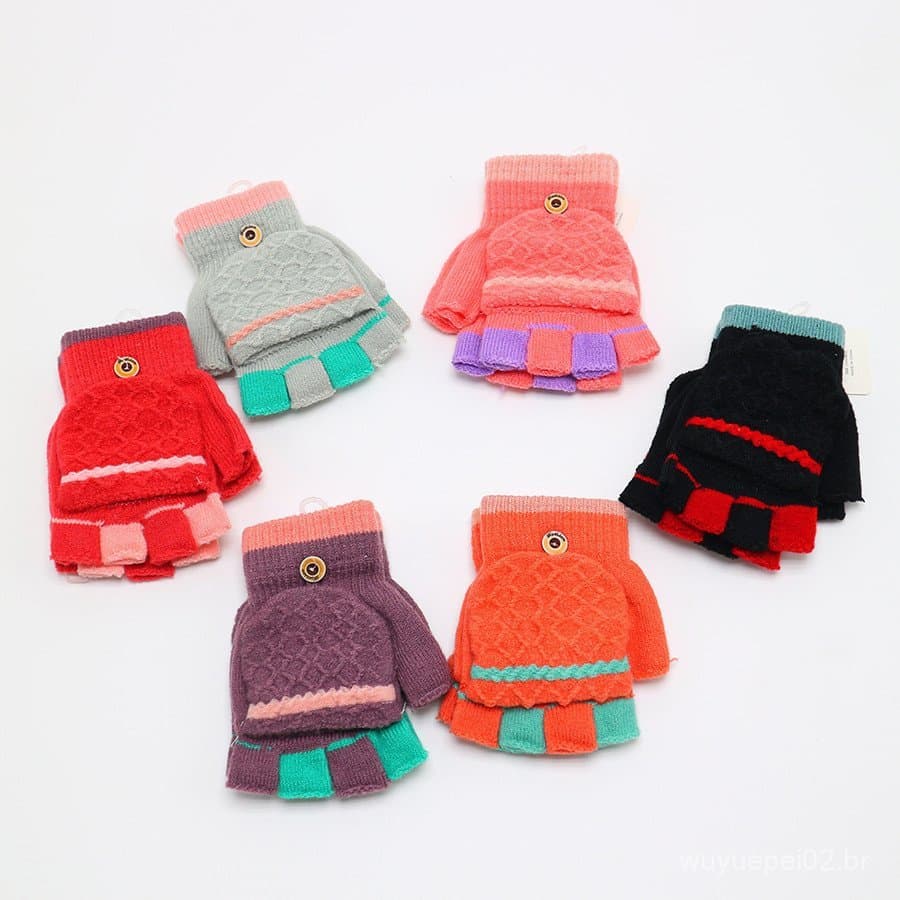 Flip luvas femininas inverno meio dedo bonito versão coreana dos desenhos animados estudante escrita flip lã engrossado