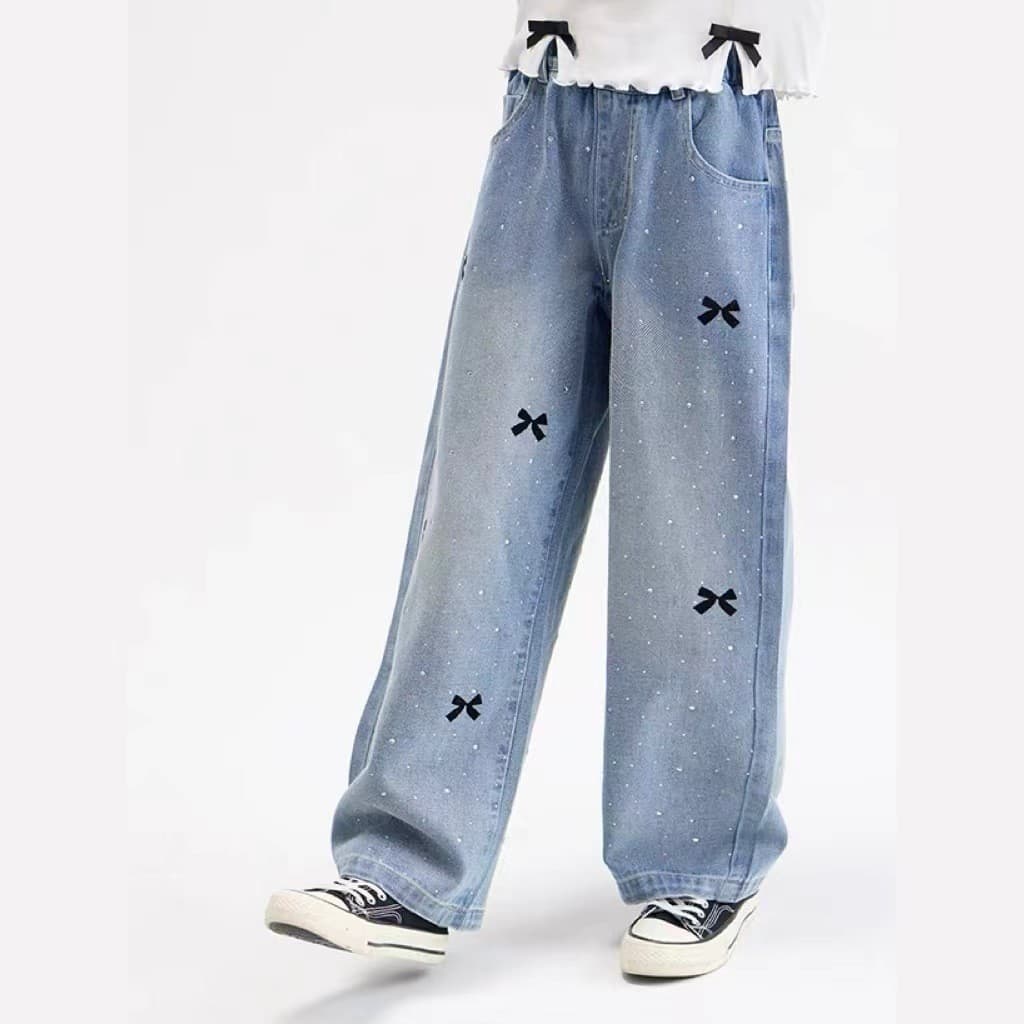 2026 versão coreana meninas arco azul decoração perfuração quente Jeans de perna larga crianças calças casuais