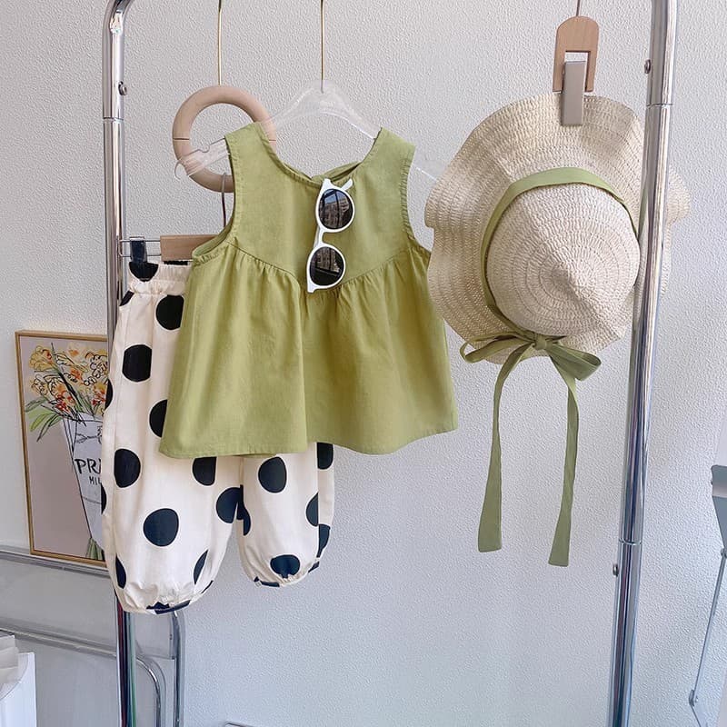 Meninas terno Casual 2026 novo estilo vestido de verão versão coreana moda bebê menina colete bolinhas Bloomers moda ter