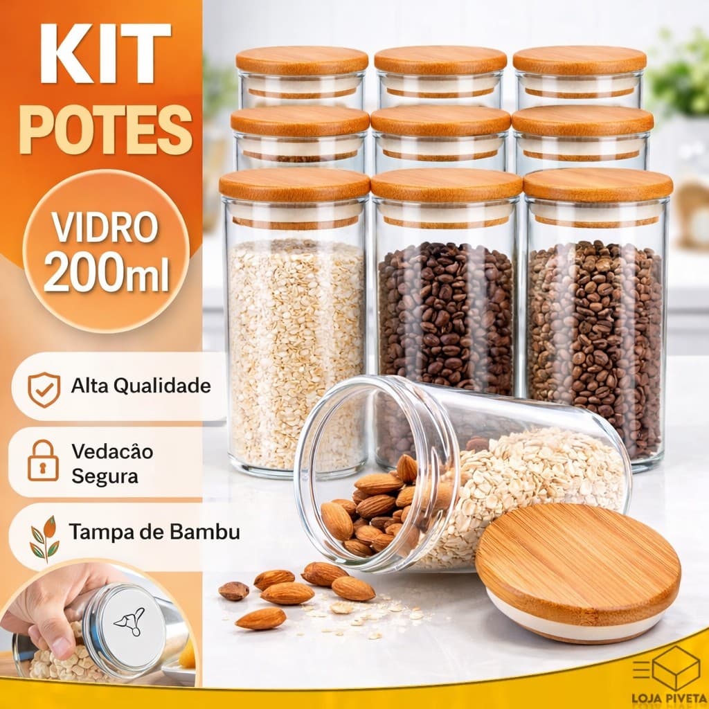 Kit 10 ou 20 Potes C/ Tampa de Bambu Hermético Redondo 200ml Porta Mantimentos Grãos Tempero Café