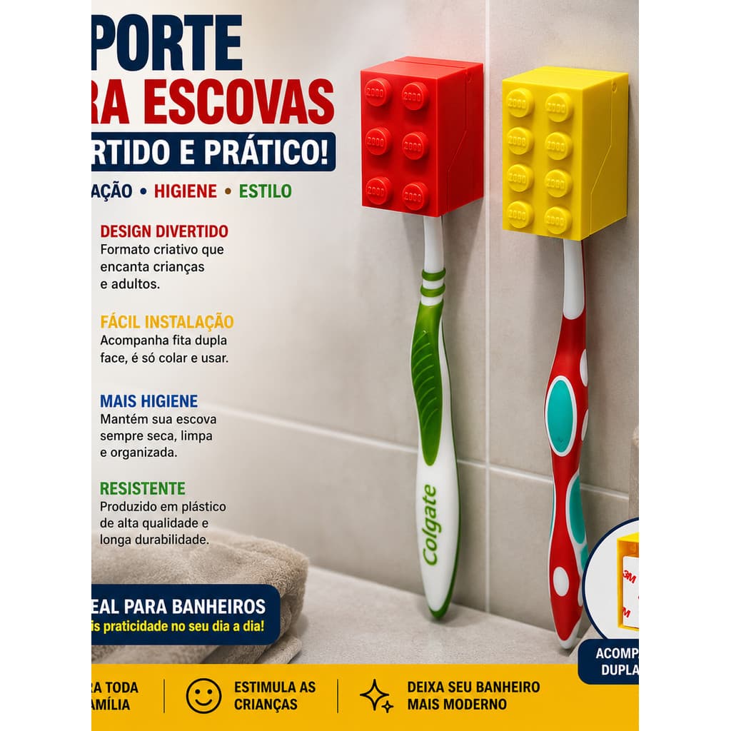 Kit 2 Suporte Para Escova De Dente Estilo Lego Porta Escovas Organizador Banheiro Infantil Divertido Com Fita 3M