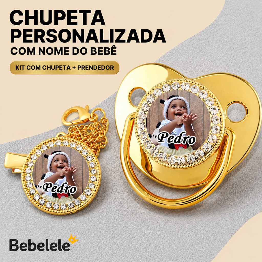 Chupeta para bebê menino, personalizada com nome e foto, indicada para P (0-6 meses)