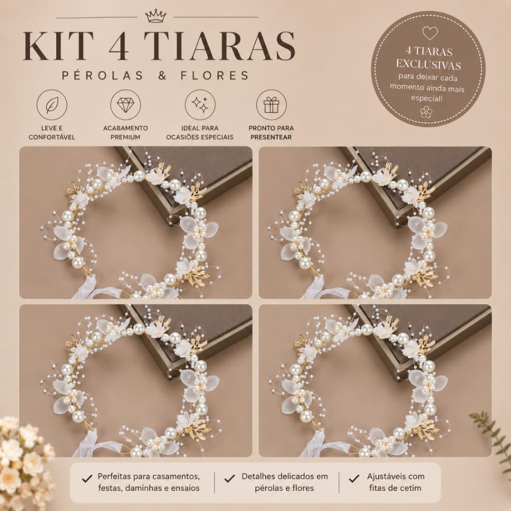 Kit 4 Tiaras Acessório de Cabelo para Noiva Daminhas Debutantes Flores com Pérolas para Festas