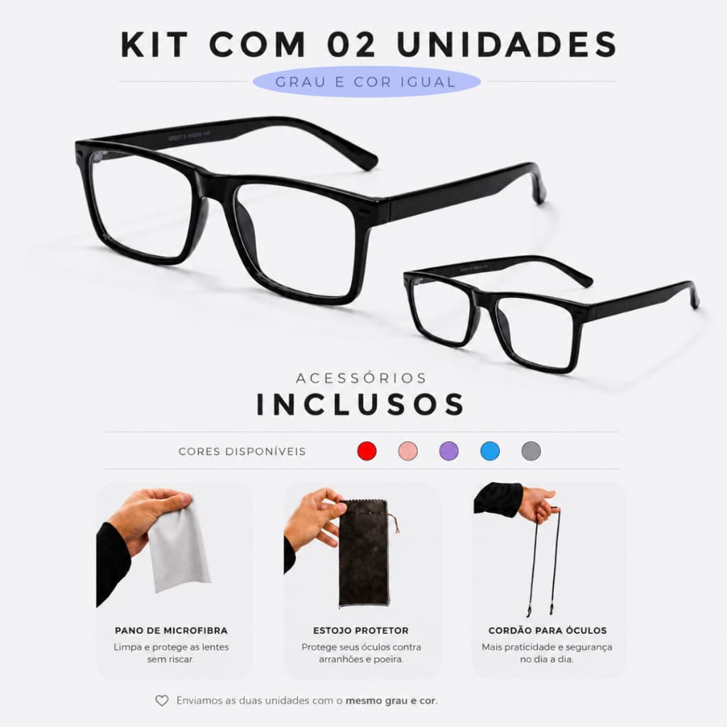 Kit 2 Óculos de Grau Retangular + Acessórios  com Conforto Visual para Leitura, Trabalho, Descanso de Vista