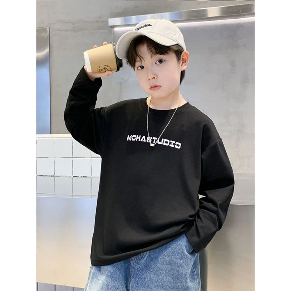 Camiseta infantil de manga comprida branco para meninos moletom médio grande camisa de fundo infantil 2025 primavera out