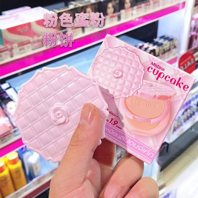 Tailândia Local Mistine Rosa Solto Pó Pressionado cupcake Branco Iluminador Pó Pressionado SPF25 PA+++