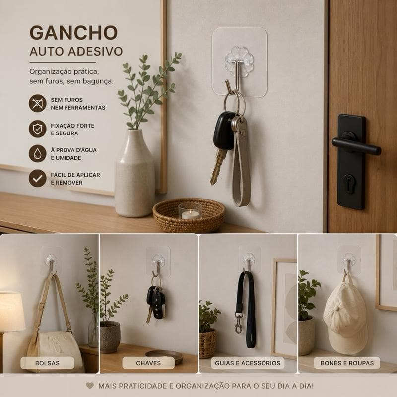 Kit 4 Ganchos Auto Adesivo Transparente — Organização Elegante Sem Furos Para Sua Casa escritório