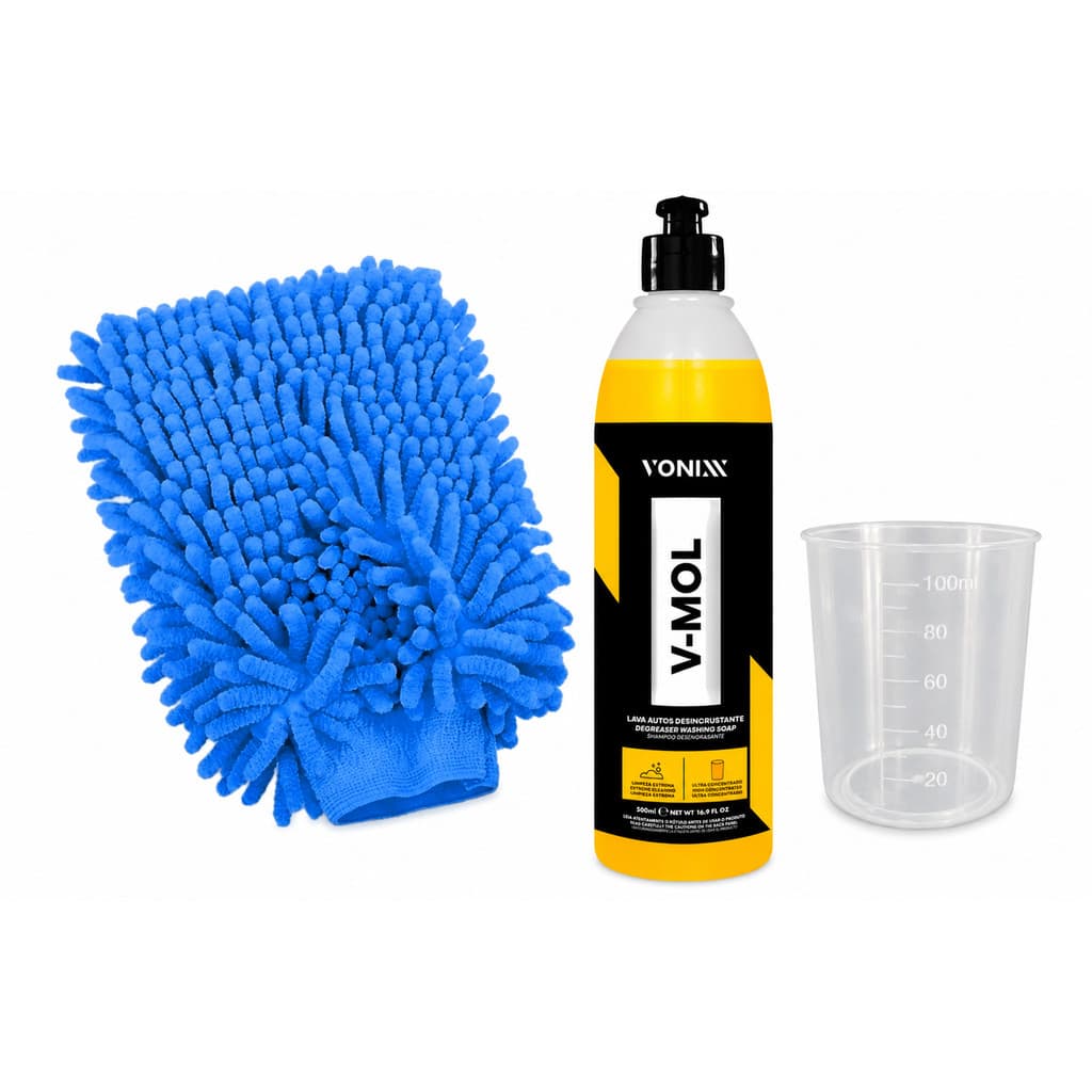 Kit Lavagem Automotiva Vonixx V-Mol Shampoo 500ml Remove Lama Barro + Luva Microfibra + Copo graduado