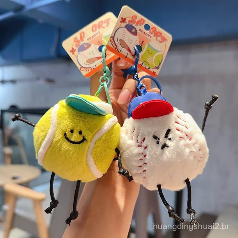 Chaveiro de pelúcia de bola esportiva criativa, tênis, beisebol, boneca, casal fofo, decoração de pingente para carro e