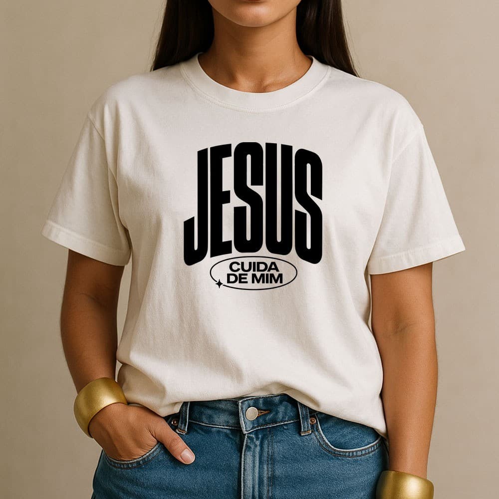 Camiseta 100% Algodão Jesus Cuida de Mim Camisa Cristã Feminina Casual para o Dia a Dia Confortável