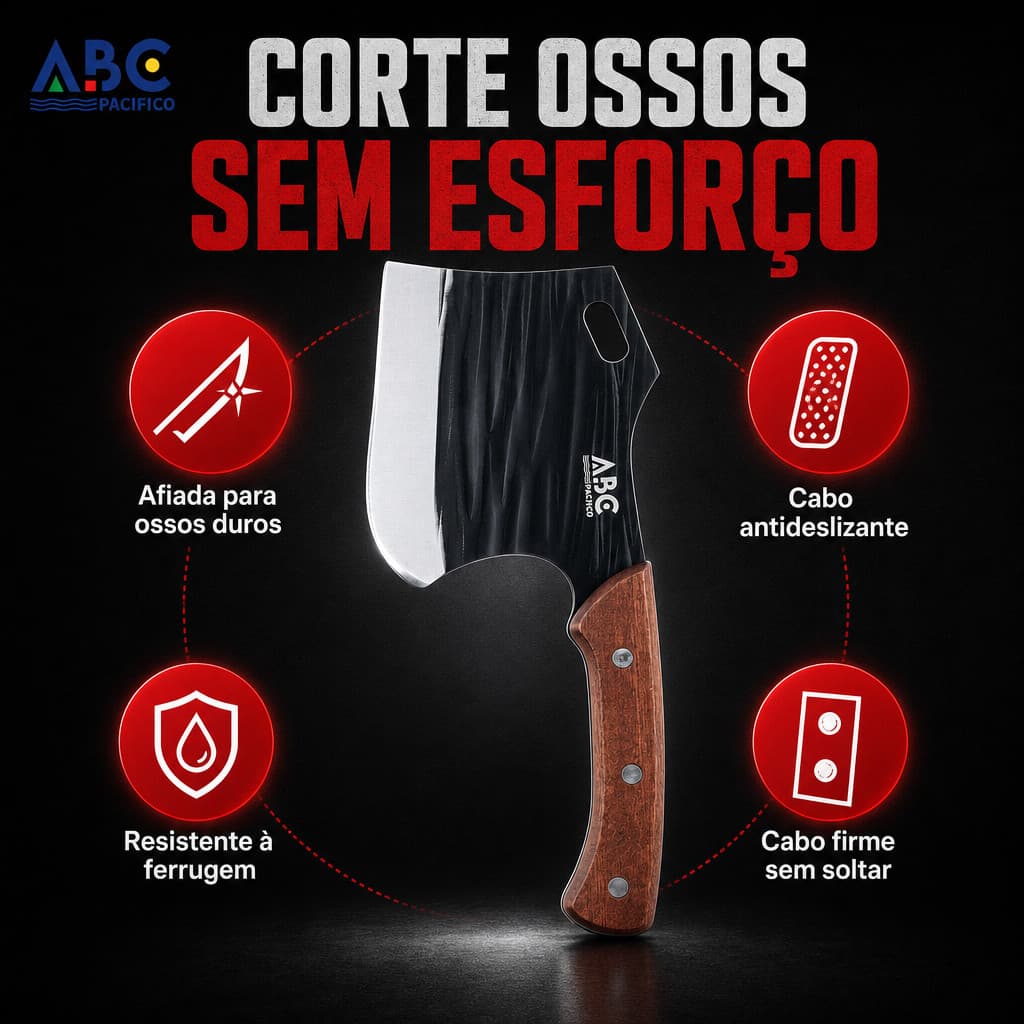 Machadinha ABC Aço Inox Martelado Cabo Madeira Artesanal para Ossos Carnes Duras Profissional